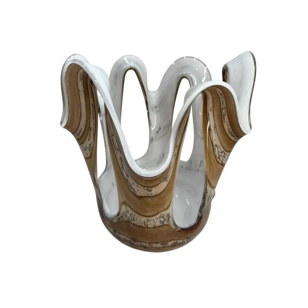 Vintage Zorza Poland Hand Blown Art Glass Handkerchief Vase Brown White Ruffle